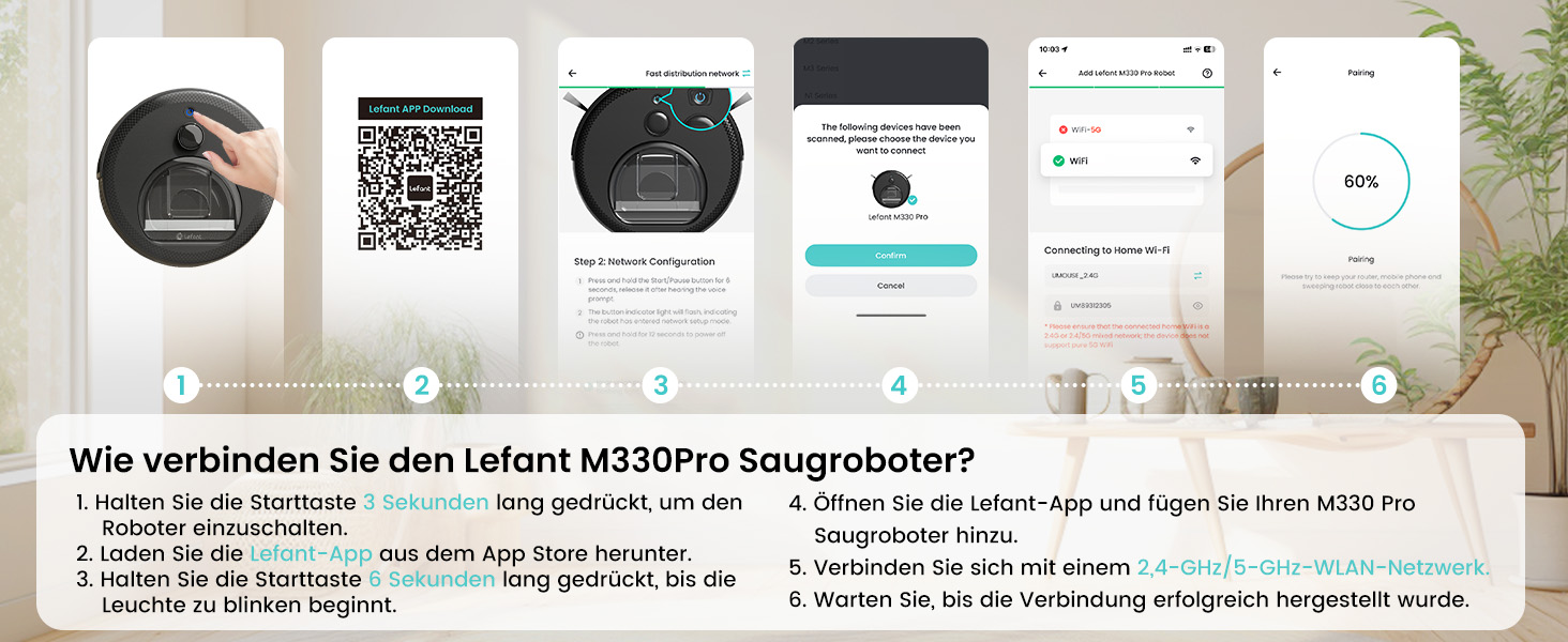 Робот-пилосос LEFANT M1 з функцією миття, 5500Pa, для твердих підлог та шерсті тварин, керування через додаток/Alexa, білий (M330 Pro)