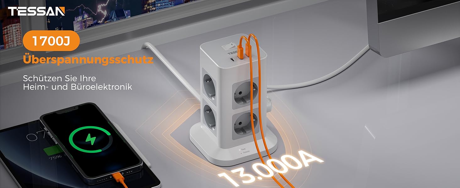 Блок розеток TESSAN з захистом від перенапруги, 3600W, 16A, 8 розеток, 3 USB-C, 2M, сірий