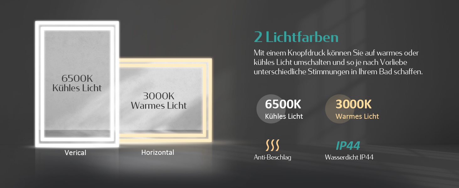 Дзеркало для ванної кімнати EMKE з підсвічуванням 40x60 см LED, антизапар, холодний/теплий білий, з кнопкою, алюмінієва рама, IP44, енергозберігаюче