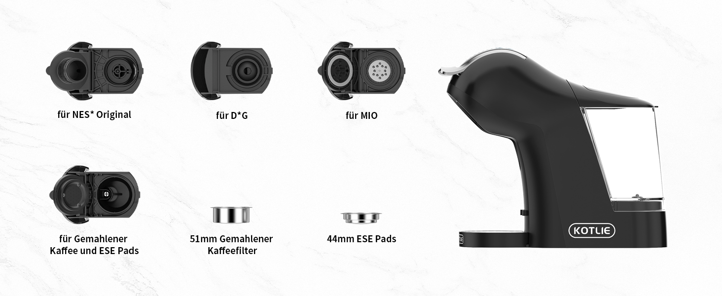 Кавомашина KOTLIE 5-в-1 для капсул, меленої кави та ESE (44 мм), чорна (EM-308A)