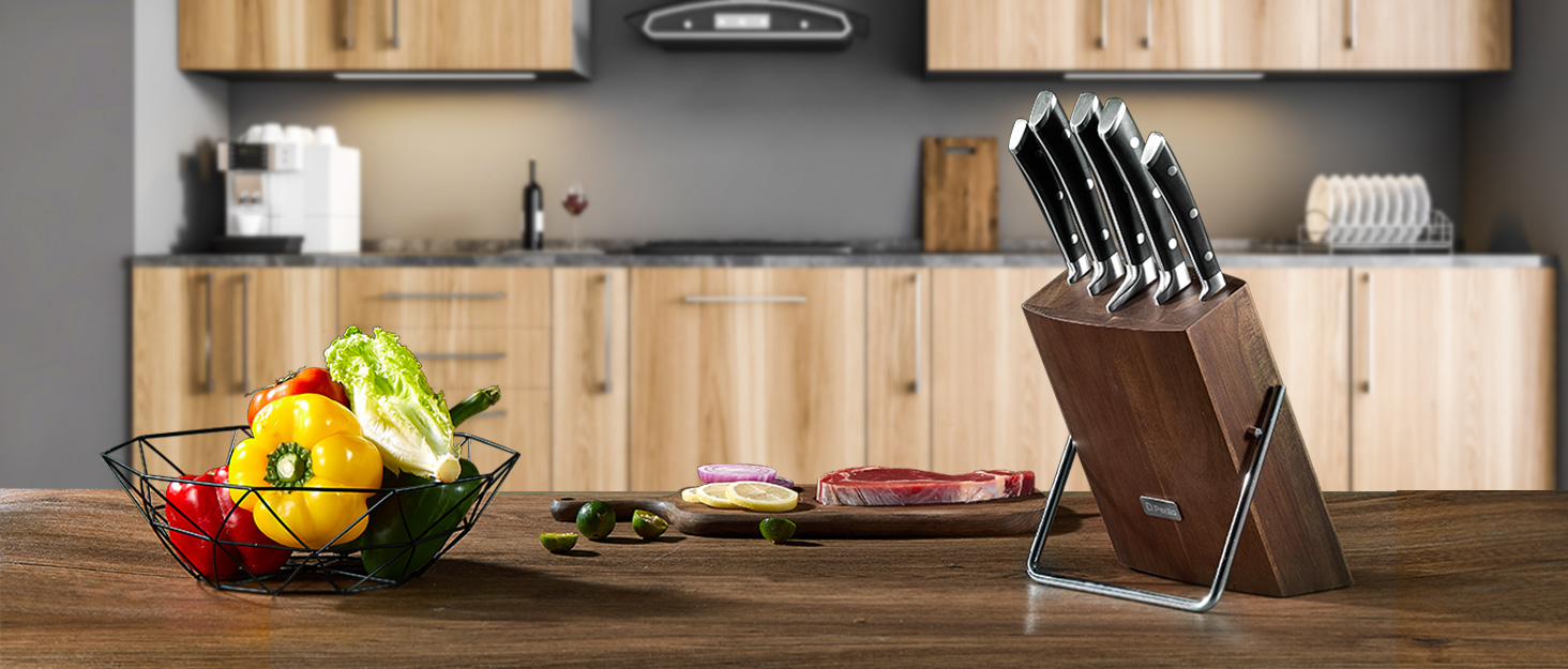 D.Perlla 15-Piece Self-Sharpening Knife Block Set - Professional Stainless Steel Kitchen Knife Set with Ergonomic Handles & Wooden Block