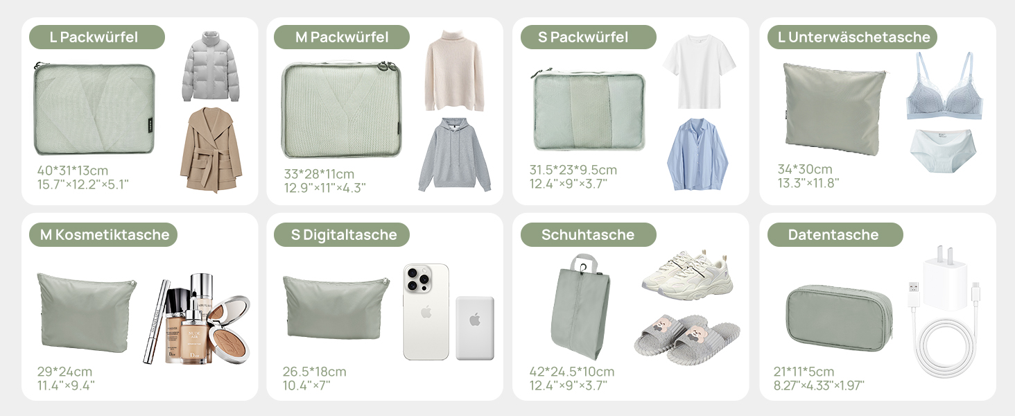 Органайзери для валізи Packing Cubes, 8 шт., сірі - дорожній набір для подорожей, водонепроникні, з косметичкою