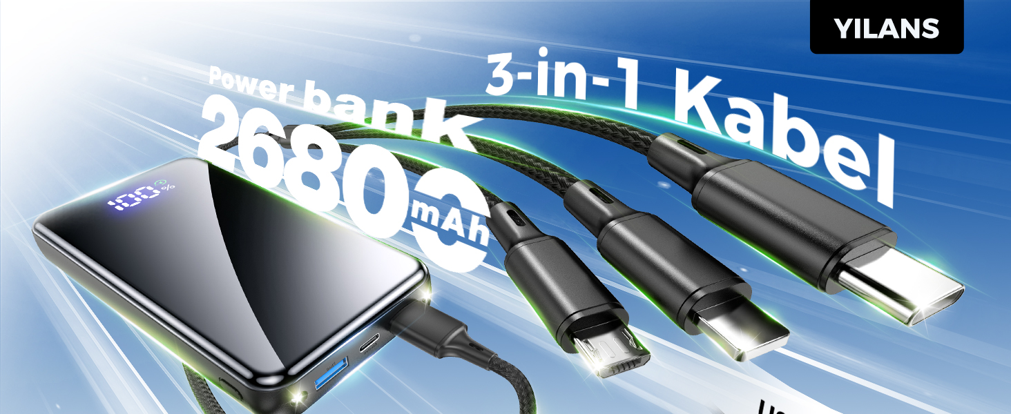 Повербанк 26800mAh з швидкою зарядкою USB-C та кабелем 3-в-1, Dual-LED ліхтарем, чорний — зовнішній акумулятор для iPhone 17/16/15, Samsung S26/S25, Xiaomi