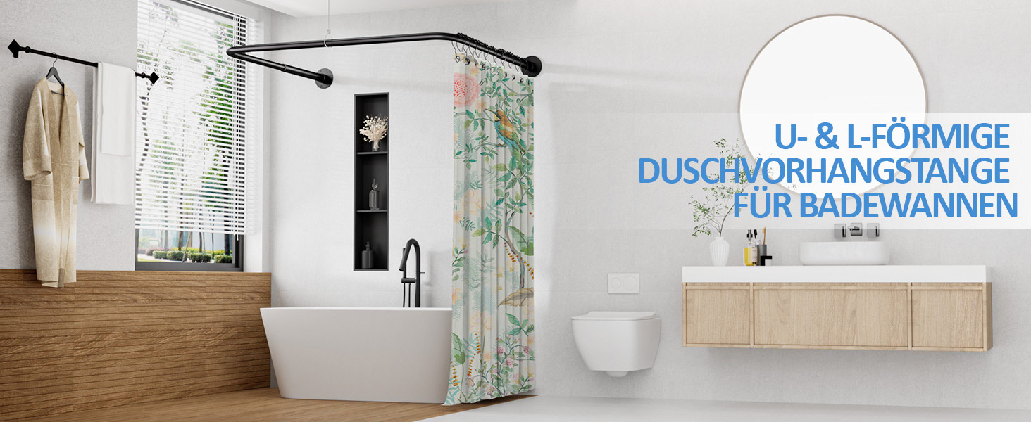 Регульована душова штанга U-подібної/L-подібної форми, 60-92 x 78-196 x 60-92 см, з 12 кільцями для шторки та підпоркою для стелі, чорна. Підходить для ванни/ванної кімнати. Потрібне свердловий монтаж.