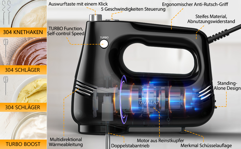 Електричний ручний міксер 300W з нержавіючої сталі, вінчики та гаки для тіста, 5 швидкостей, Turbo Boost, для випічки, тортів, яєць, збивання, чорний
