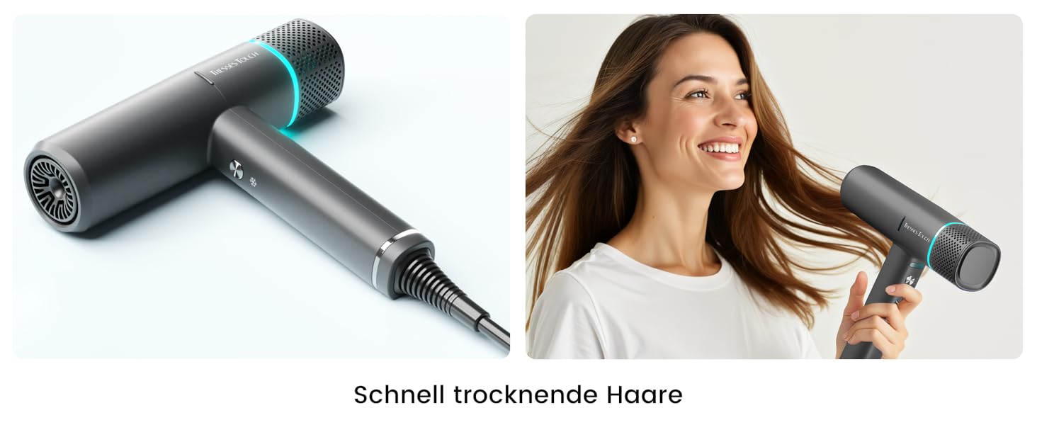 Іонізатор для волосся Föhn - високошвидкісний фен з насадкою-дифузором для жінок та чоловіків, 3 режими/2 швидкості, легкий, рівномірне тепло, тихий, чорний (сірий)