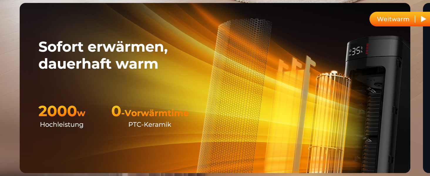 Електричний обігрівач 2000W з економічним споживанням, тихий, з таймером 24 години, осциляція 90°, захист від перекидання та перегріву, чорний