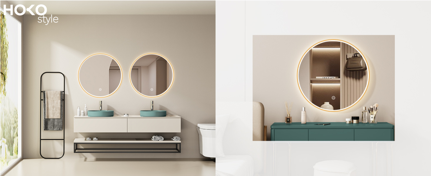 Дзеркало для ванної кімнати HOKO ULM 60 см з підсвічуванням LED, нагрівом проти запотівання та сенсорним вимикачем. Колір: золото. Розміри: 80x80 см