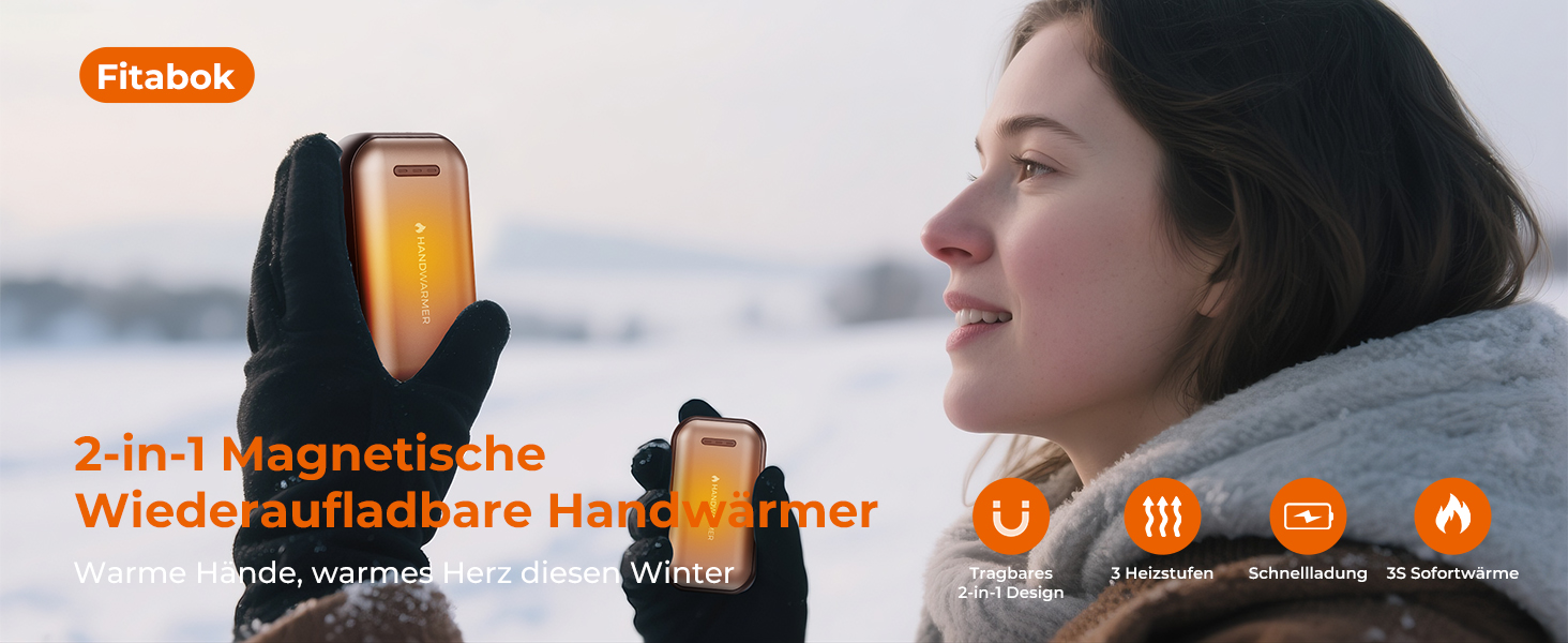 Електричний гріє для рук 2 шт. – 6000mAh, магнітний, USB-C, 3 рівні нагріву до 55°C, для активного відпочинку, кемпінгу, гольфу, синдром Рейно