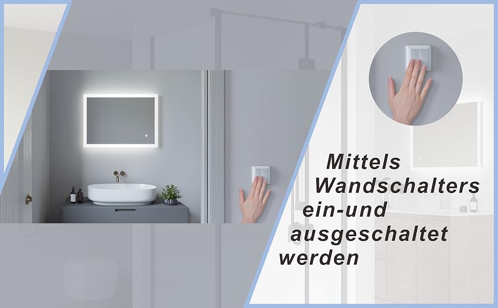 Дзеркало для ванної кімнати AQUABATOS 50x70 см LED з підсвічуванням, сенсорне керування, холодний білий світ, IP44, CE, енергозберігаюче (Bourges-серія)