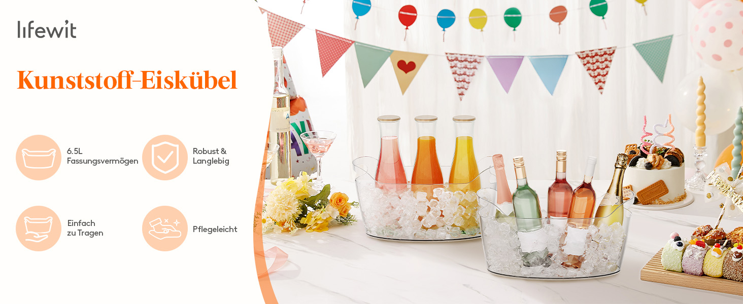 Охолоджувач для пляшок Lifewit 6,5L з лопаткою для льоду, пластиковий ведерко для шампанського (38 × 18 × 20cm), великий барний кулер з ручками для вина, пива, шампанського, напоїв, контейнер для фруктів та овочів