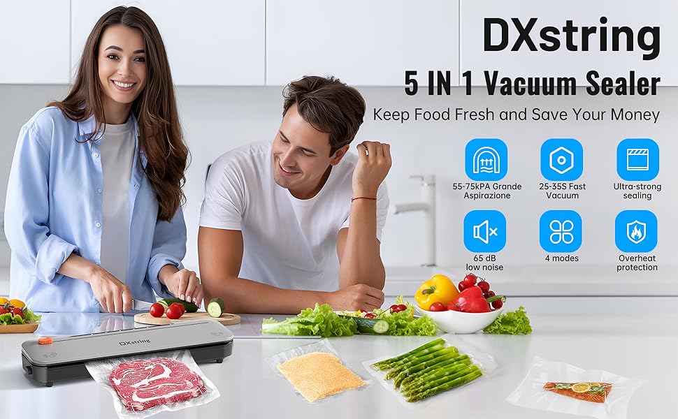 Вакуумний пакувальник DXstring для продуктів харчування, 75kPa, з 15 пакетами, автоматичний, з ріжучим пристроєм