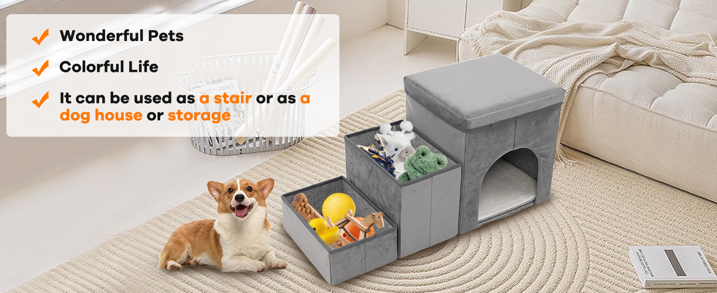 Сходинки для собак на 3 сходинки, 44 см, з місцем для зберігання. Підходить для маленьких собак та котів, зручні для літніх тварин (сірий)