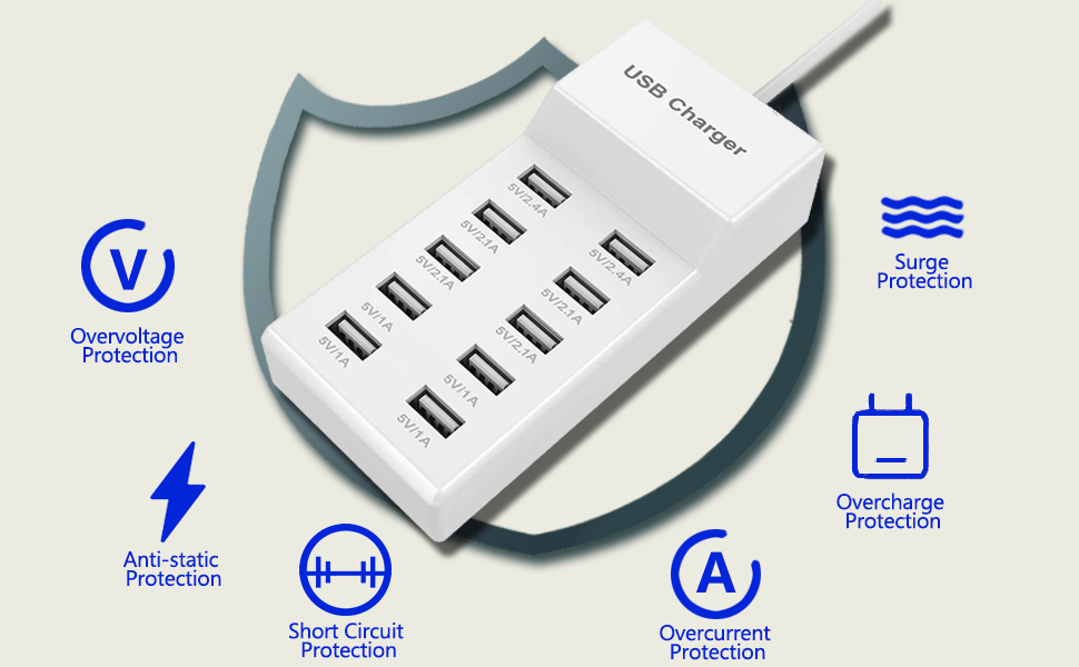 Зарядний пристрій USB багатопортовий 10 портів 40W, станція для зарядки iPhone 12/13/14/15/16, Samsung S23/S24, iPad, Xiaomi, Huawei, Oppo, OnePlus