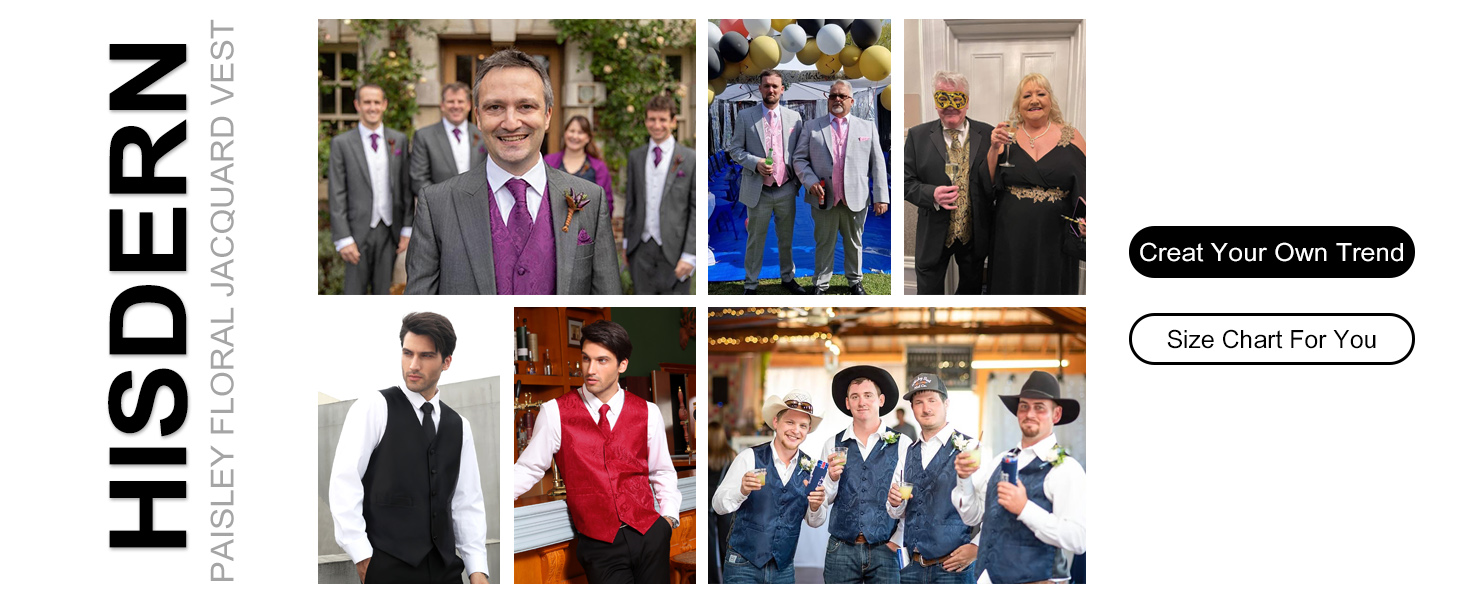 Костюм-трійка для чоловіків HISDERN V3-01: елегантна жилетка з двобортною застібкою, вузький крій, жаккард з візерунком пає, чорний, 6XL