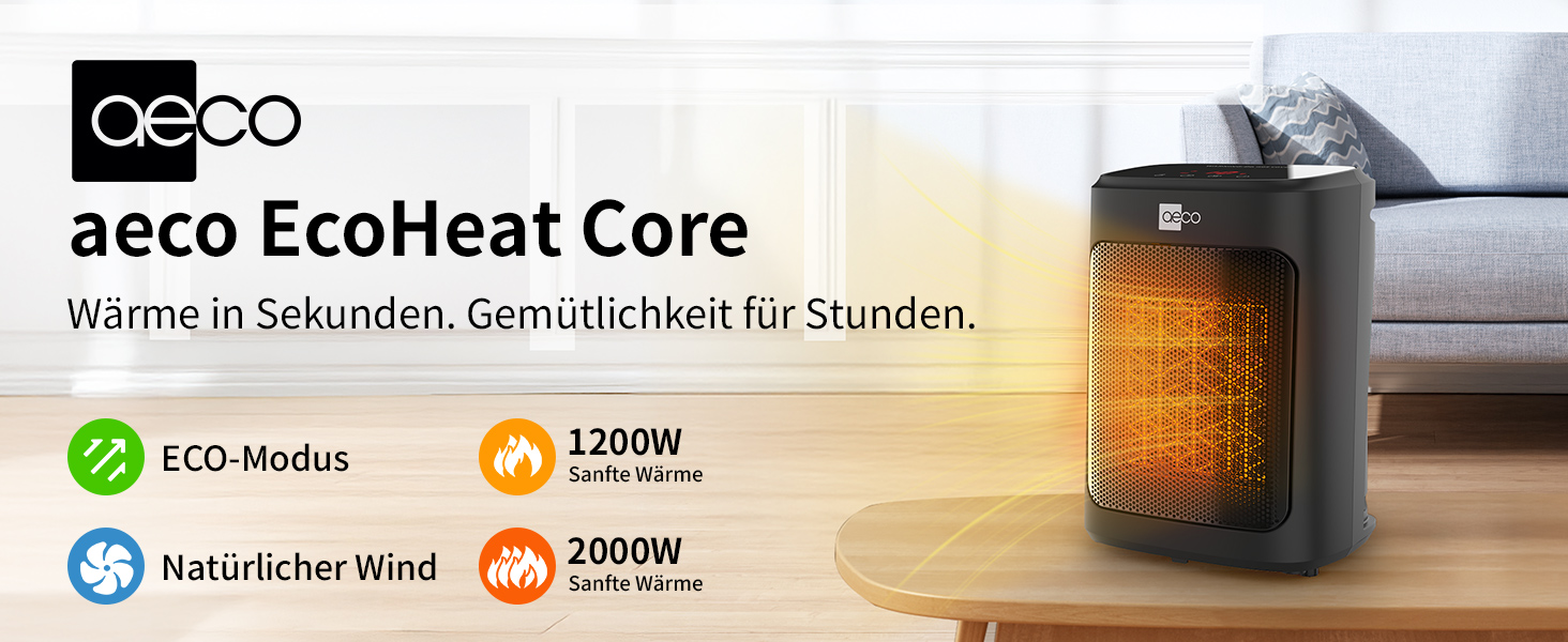 Електричний обігрівач Aeco EcoHeat Boost 58 см з пультом керування, 2000W, LED ECO-режим, таймер 24H, 4 режими, тиха керамічна панель, термостат, захист від перегріву та перекидання
