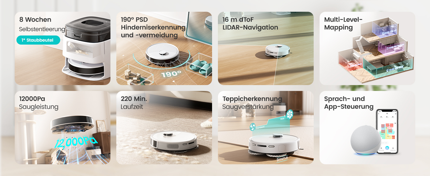 Робот-пилосос LEFANT M3 Gen2 з функцією миття підлоги, 12000Pa, LiDAR-навігація, керування через додаток/Alexa/iWatch