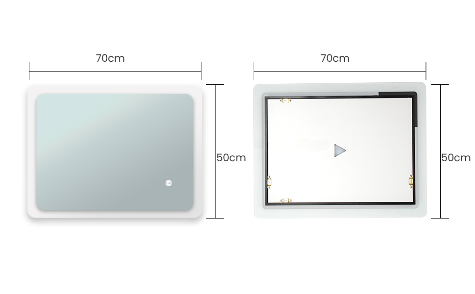 Дзеркало для ванної кімнати з підсвічуванням 70x50 см | LED дзеркало | IP54 вологостійке | Сенсорне управління | Настінне дзеркало | Горизонтальна/Вертикальна установка 6500K холодне біле світло