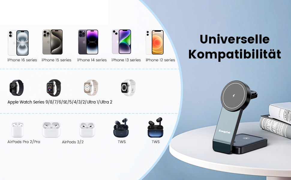 3-в-1 Зарядний пристрій MagSafe: Бездротова зарядка для iPhone 16/15/14/13/12, годинників та AirPods Pro/2/3 - Чорний (15W)