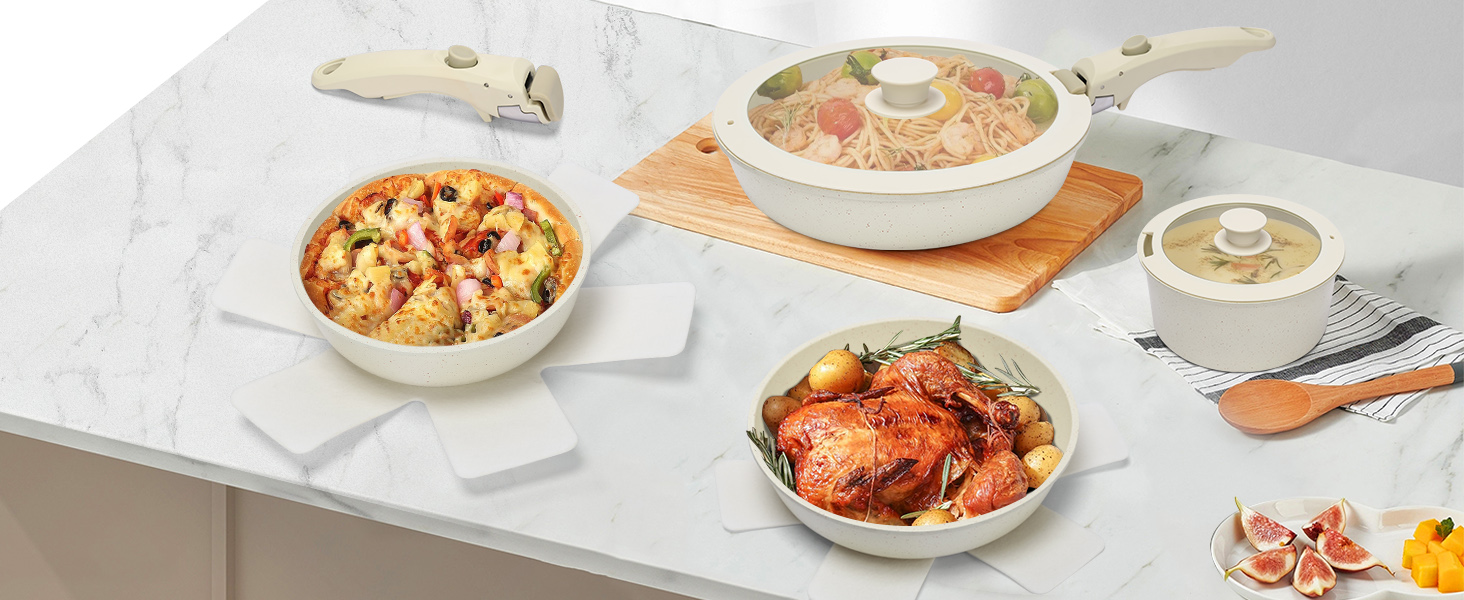 GFTIME 17-Piece Cookware Set with Non-Stick Ceramic Coating - Induction Compatible Pots and Pans Set, Stackable & Dishwasher Safe, 20/26cm Glass Lids, PFOA/PTFE/PFAS-Free