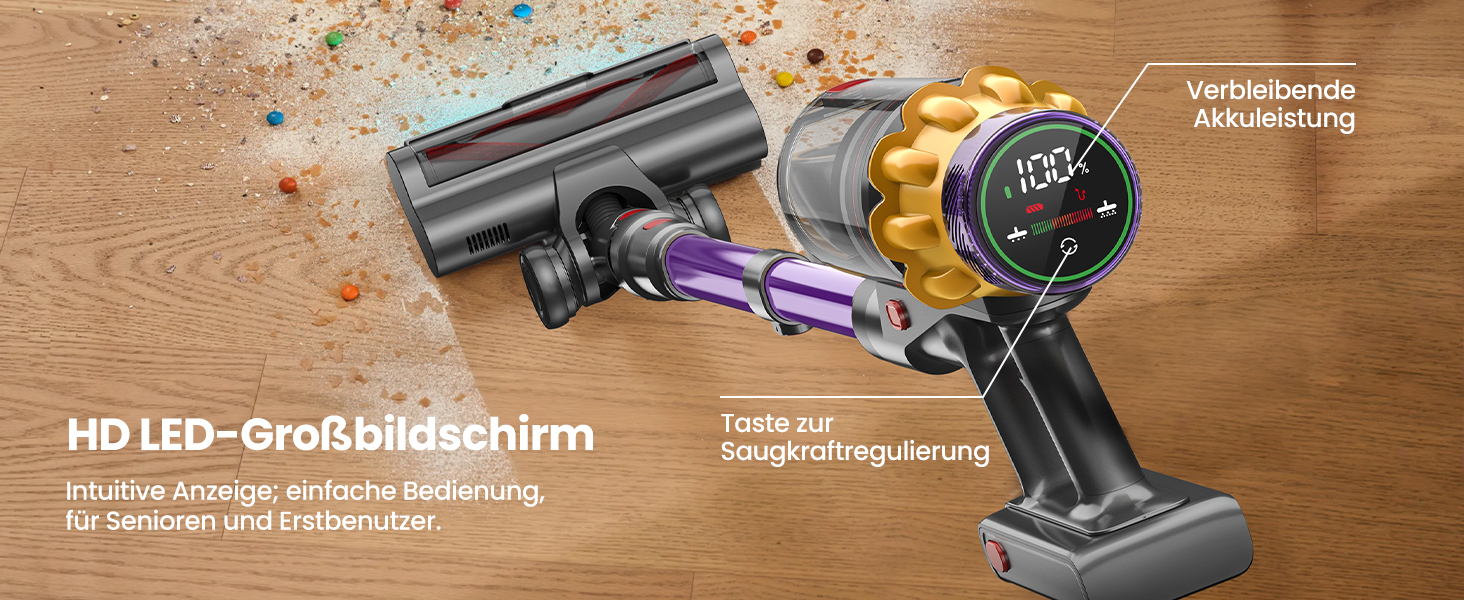 Бездротовий акумуляторний пилосос з 2 акумуляторами, 150 хв роботи, 55000 Па, 600 Вт, об'єм 2.0 л, з дисплеєм, антизаплутана щітка, самостійна парковка, настінна зарядка, 11-шарова фільтрація для шерсті тварин, килимів та твердих поверхонь