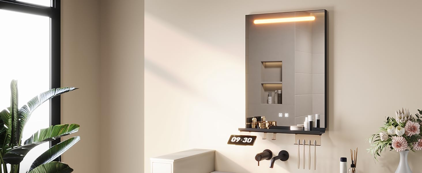 Дзеркало для ванної кімнати SONNI з підсвічуванням 120x60 см, 3 кольори світла, антизапар, годинник, температура, LED, сенсорне управління, білий (полиця 120L, темно-сірий + верхнє світло)