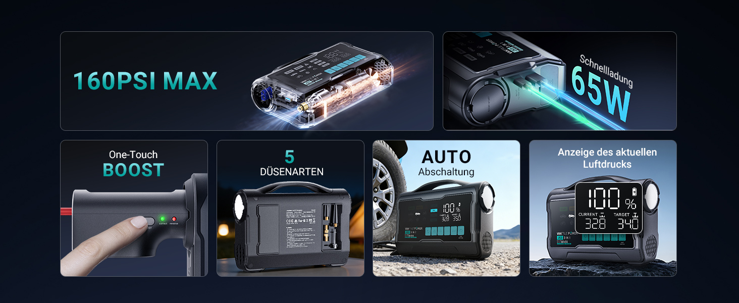 Пусковий пристрій (бустер) VANTRUE POWER JS3 для авто з компресором 160 PSI та функцією Powerbank, чорно-сріблястий