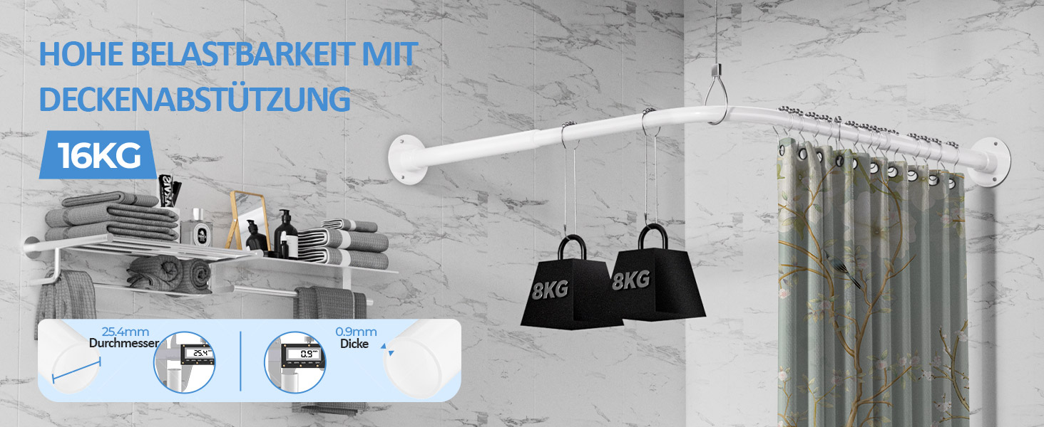 Регульована штанга для душу L-подібної форми, 60-134 см, з кріпленням для завіси та підставкою для стелі, для ванни/ванної кімнати, білий, монтаж вимагає свердління