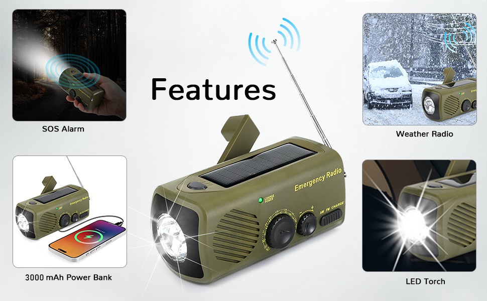 Радіо URPRO на ручному валу з AM/FM, 3000 mAh Powerbank, SOS-сигнал, LED-ліхтарик, USB-зарядний пристрій для мобільного телефону - ідеально для кемпінгу та походів