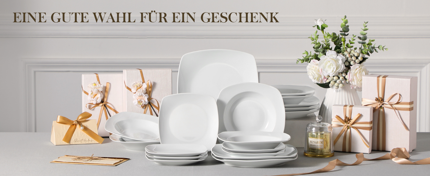 MALACASA Серія Julia, Набір посуду Teller Set 12 осіб, Сучасний KLEIN, 36-ти частинний сервіз з порцеляни, 12 тарілок для їжі, 12 десертних тарілок, 12 супових тарілок сіро-білий, 36 частин