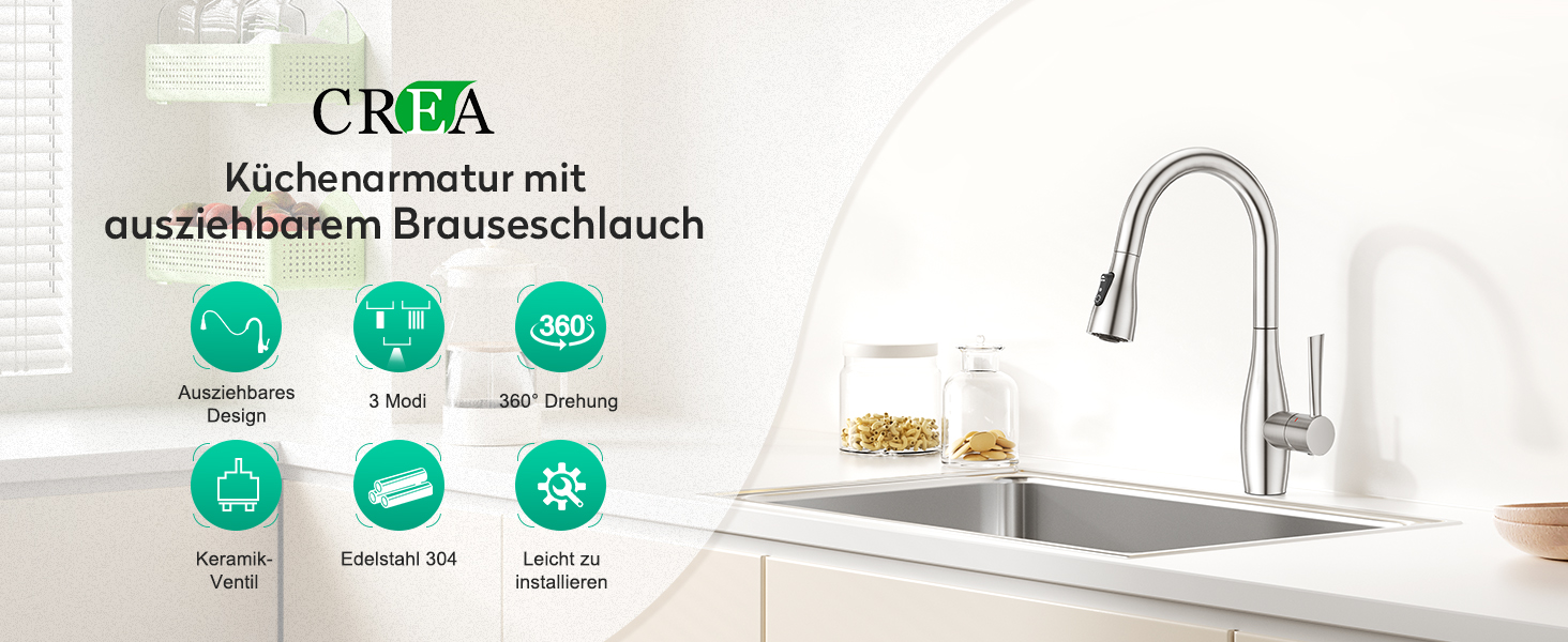 Кран кухонний CREA з 3 функціями: душ, висувна лійка, поворот 360°, нержавіюча сталь