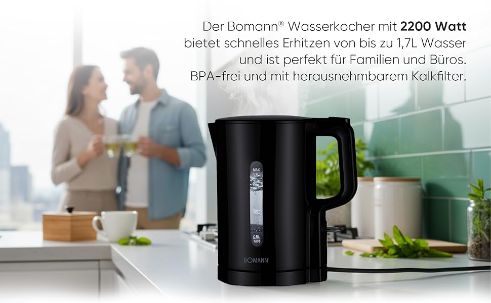 Електричний чайник Bomann WK 6090 CB (1,7л, 2200W, білий) з нержавіючої сталі, BPA Free, з індикатором рівня води та захистом від перегріву