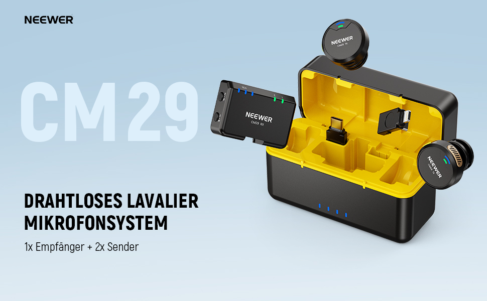 NEEWER CM29 Мініатюрний бездротовий мікрофон-петличка, 48kHz/24Bit з шумозаглушенням, 25 годин роботи, 150м радіус дії, сумісний з iPhone, iPad, Android, DJI, Insta360, ПК, Mac (1RX+2TX+зарядний кейс)