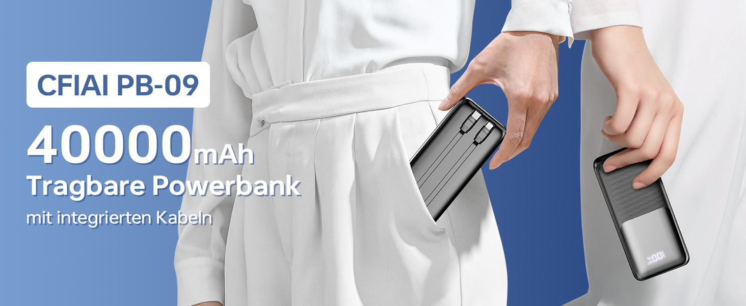 Power Bank 40000mAh 22.5W PD USB-C: Зовнішній акумулятор з 3 портами та 2 кабелями, сумісний з iPhone, Android