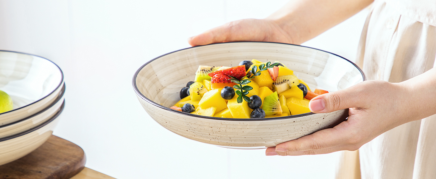 Набір супових тарілок Vancasso Bonbon (6 шт.), супові миски з кераміки, об'єм 1500 мл, глибокі, для пасти, салатів, підходить для миття в посудомийній машині та використання в мікрохвильовій печі, бежевий