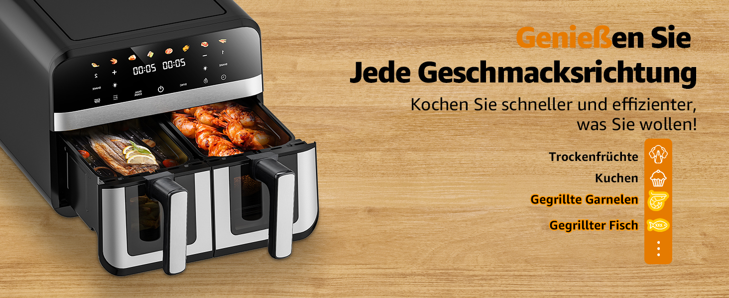 Фритюрниця повітряна Jacgood з 2 кошиками, 1800W, 9L, цифрове керування, 8 меню, з прозорим вікном