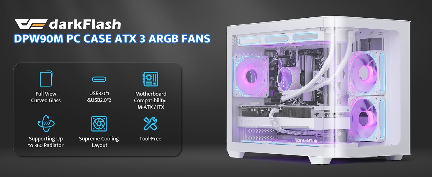 darkFlash ATX корпус для ігрового ПК з 4 ARGB вентиляторами, скло для повного огляду, 2 відсіки, Typ-C, підтримка 2x360 AIO, (DPW90)