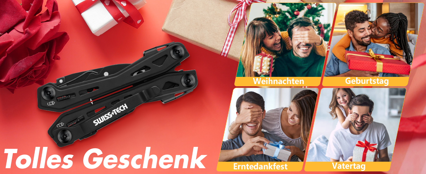 Мультитул Swiss+Tech 16 в 1 з нержавіючої сталі, мультифункціональний інструмент з ножем, відкривачкою та кліпсою для ременя, для кемпінгу та ремонту, з чохлом, чорний