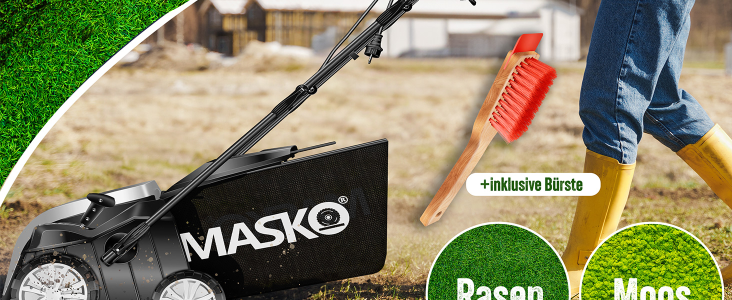 MASKO® Електричний аератор-скарифікатор 2в1 для газону, 1800 Вт, 40 см, 55 л, регулювання глибини, лоток, щітка, рукавички