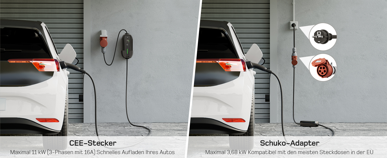 Мобільна зарядна станція для електромобілів Dé 11 кВт (3 фази, 7м, 6-16A) з регулюванням потужності, кабель CEE 16A на Typ 2, сумісна з Model Y/3, ID.3/4/5, MG4, EX30, e-up, e-tron, Zoe та іншими електромобілями