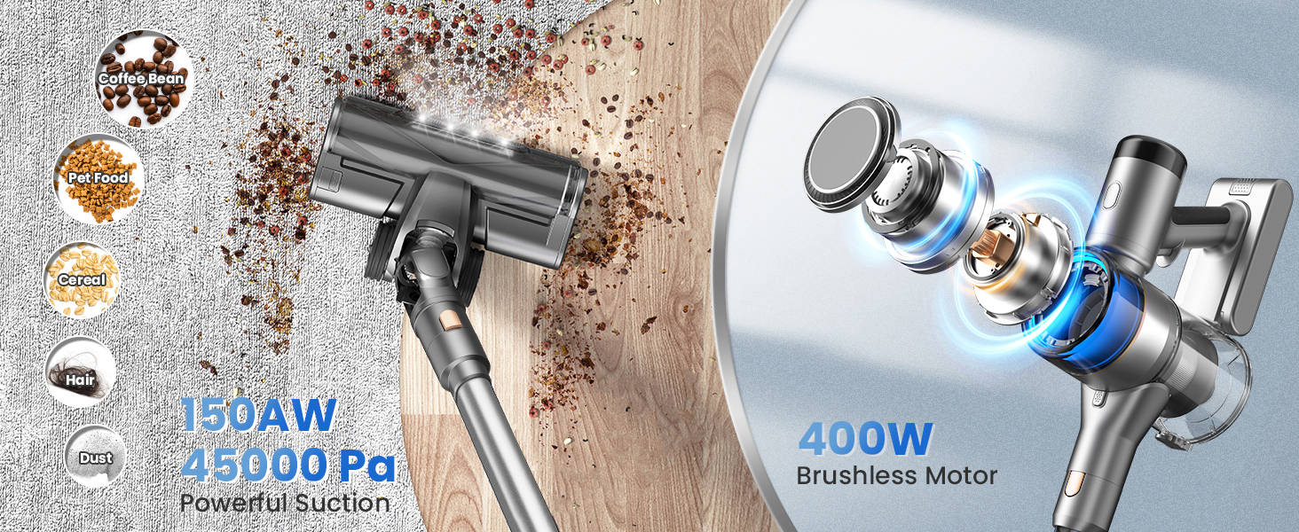 Акумуляторний пилосос Dzaki 45KPa бездротовий без мішка з дисплеєм, антизаплутана щітка, час роботи 55 хв, знімний акумулятор, для твердих поверхонь, шерсті тварин, килимів, авто (Золотистий сірий)