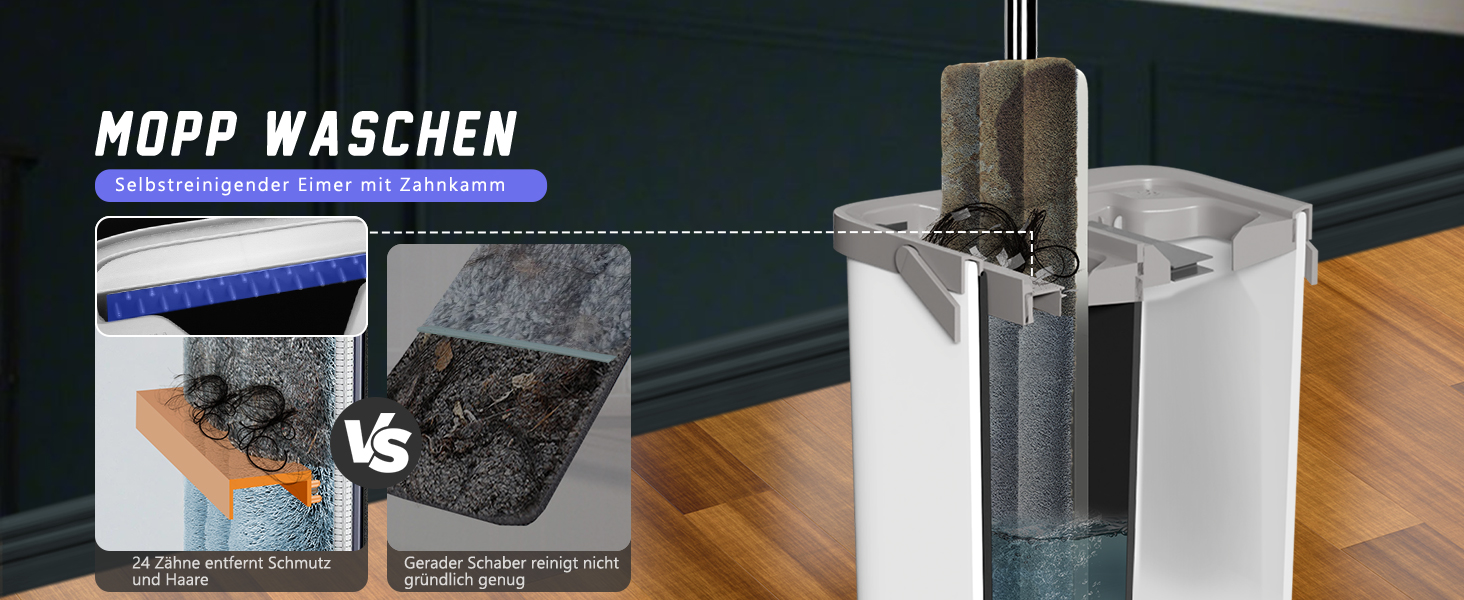 Набір для миття підлоги з відром, Masthome - компактний моп та відро з віджиманням, 3 мікрофібрових насадок та нержавіюча ручка, 2 в 1, для дерев'яних, плиточних та мармурових підлог (білий)