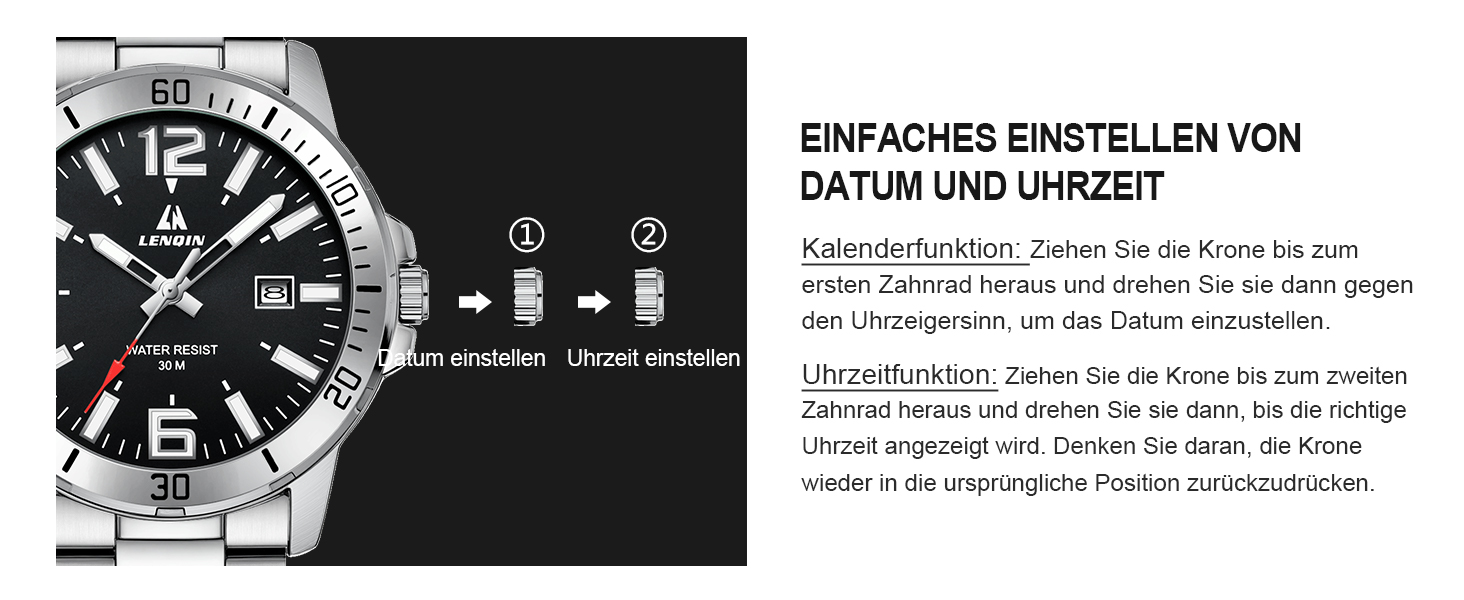 Годинник чоловічий LN LENQIN з нержавіючої сталі, водонепроникний, з датою, кварцовий, аналоговий, бізнес-стиль (сріблястий, чорний)