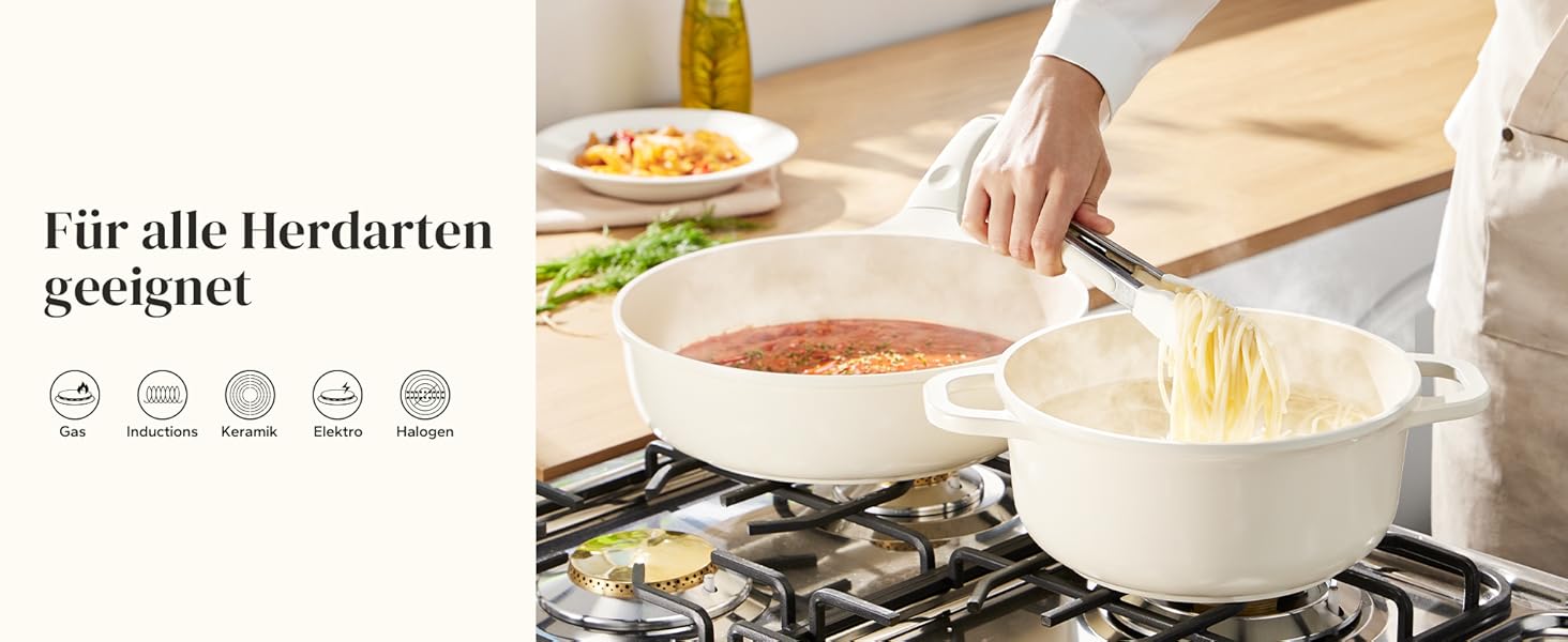 Набір посуду Redchef: 11-ти частинний набір каструль та сковорідок з керамічним покриттям, індукційний, PTFE-free, PFAS-free, для всіх типів плит, безпечний, миється в посудомийній машині (Бежевий)