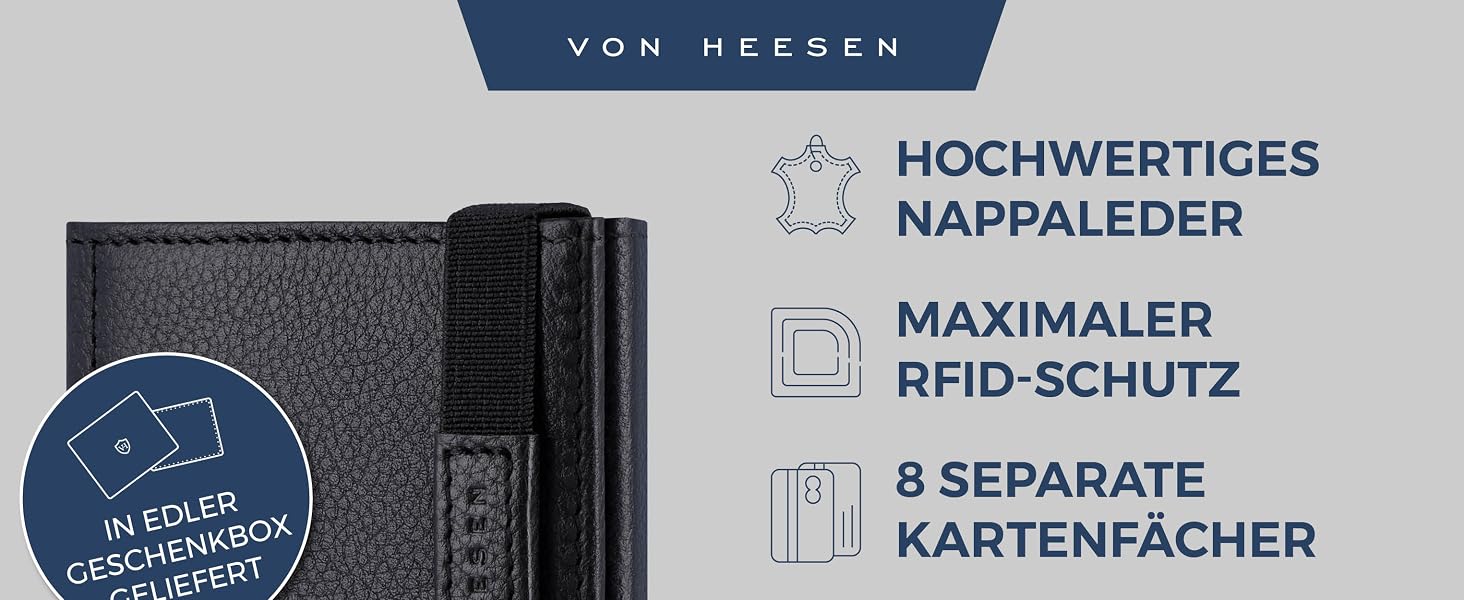 Шкіряний тонкий гаманець VON HEESEN з RFID захистом — компактний картхолдер та портмоне для чоловіків та жінок, чорний (без монетниці)