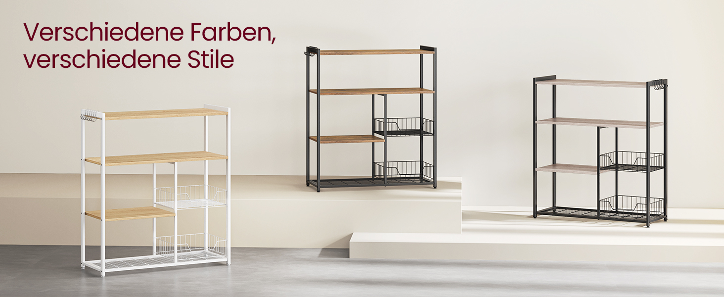 Стелаж кухонний VASAGLE з 2 металевими кошиками, стелаж-пекарня з гачками та полицями, для мікрохвильової печі, 35 x 80 x 93,5 см, золотий дуб + білий