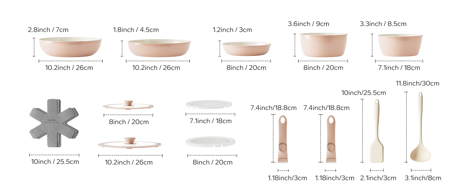 Набір посуду Redchef 16 предметів з антипригарним покриттям Ceramic, знімні ручки. Включає: сковороду 20/26 см, глибоку сковороду 26 см, каструлі 18/20 см. Підходить для всіх типів плит, духовка, можна складати. Колір: бежевий/рожевий