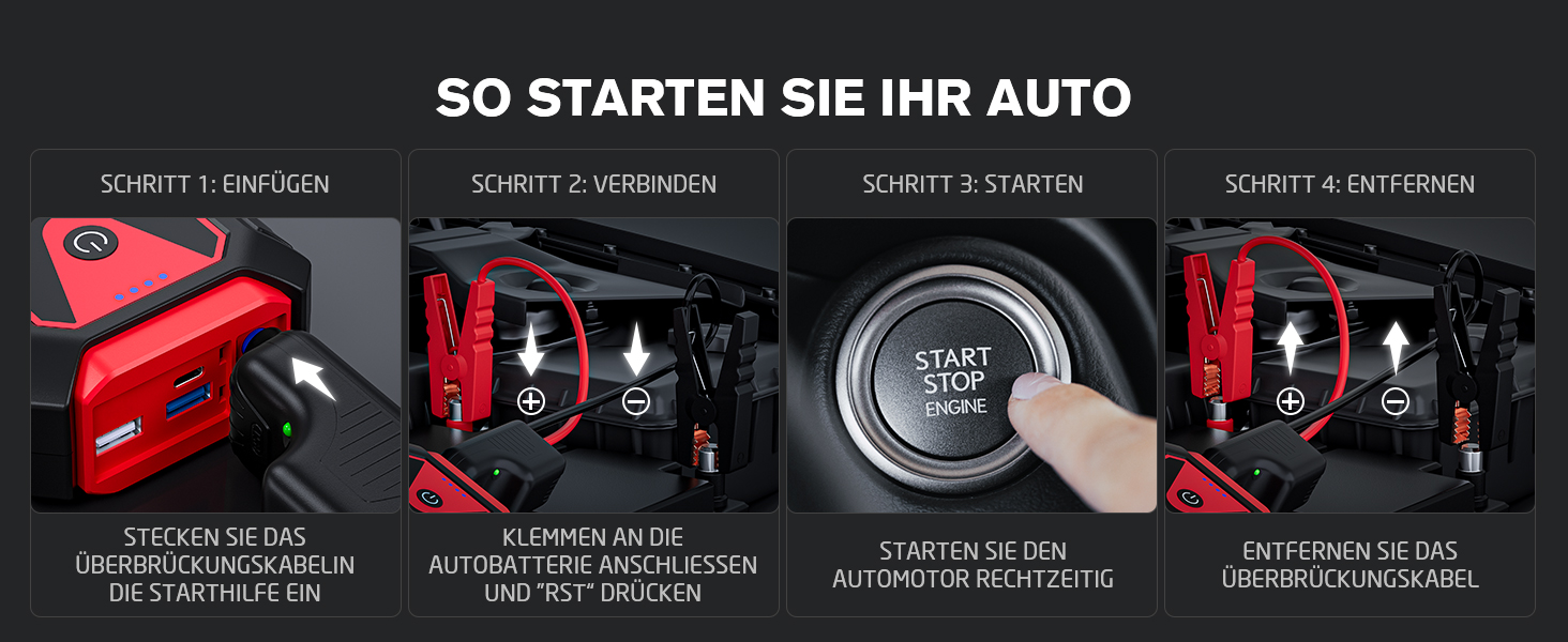 Портативний пусковий пристрій Povasee Starthilfe Powerbank: 5000A для 12V авто (до 10л бензину/8л дизеля), з LED, 2 USB, кабель для підключення