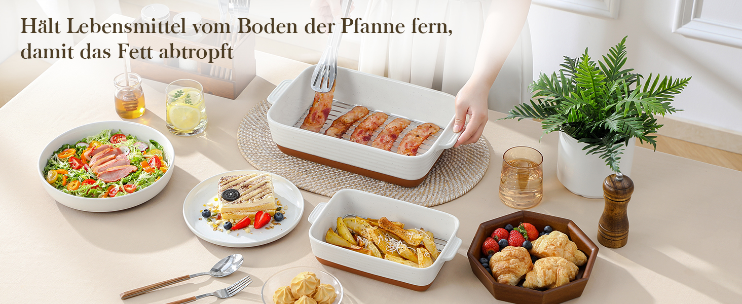 Форма для запікання MALACASA Serie TARA, 4.5L, кераміка, прямокутна, 35*23.8 см (набір з решіткою)