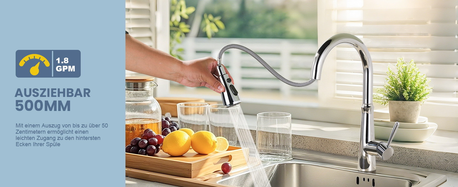 Змішувач кухонний iVIGA висувний з дощувачем, водоспад, 360° поворот, 3 режими, брашований нікель